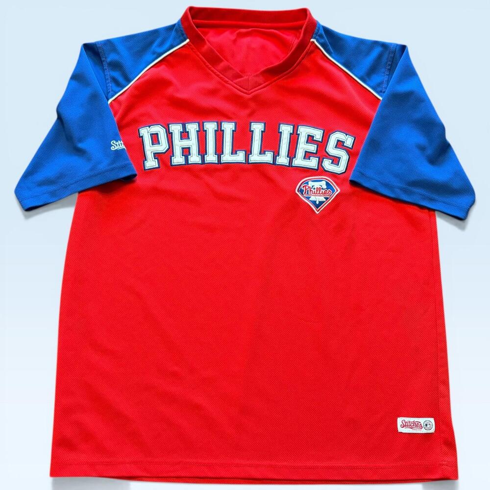 Philadelphia Phillies Jersey Mens Small Red Blue MLB Baseball Stitches Shirt